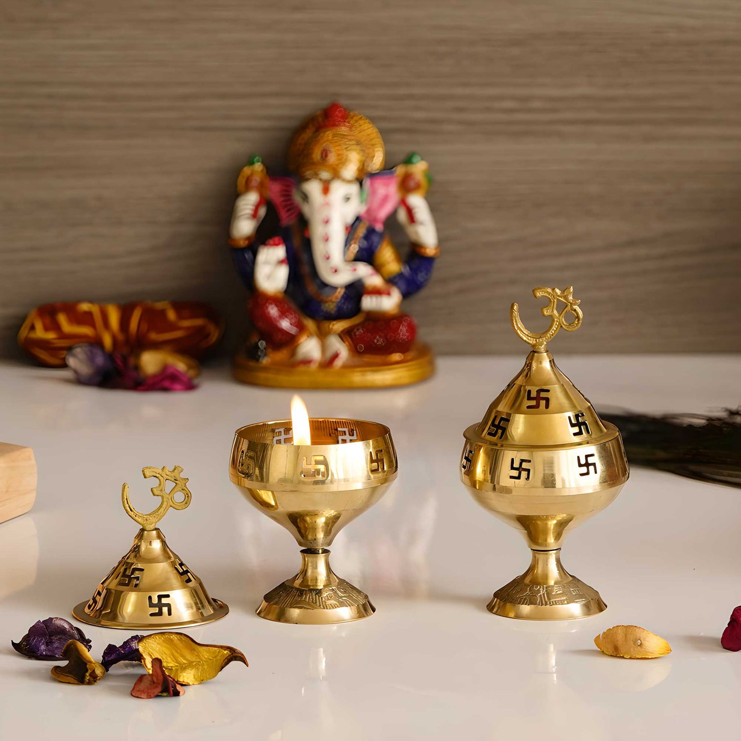 Divine Light Set: Om & Swastik Brass Diyas for Blessings