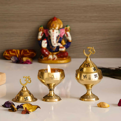 Divine Light Set: Om & Swastik Brass Diyas for Blessings