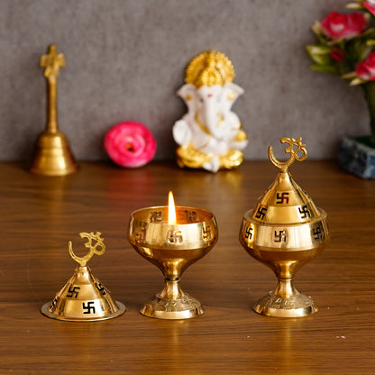 Divine Light Set: Om & Swastik Brass Diyas for Blessings